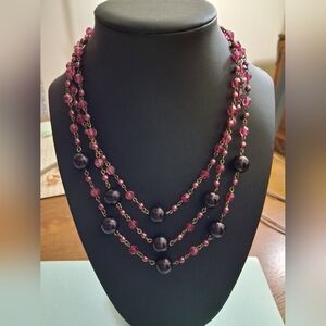 Vintage 3 Tier Pink Crystals and Purple Bead Necklace